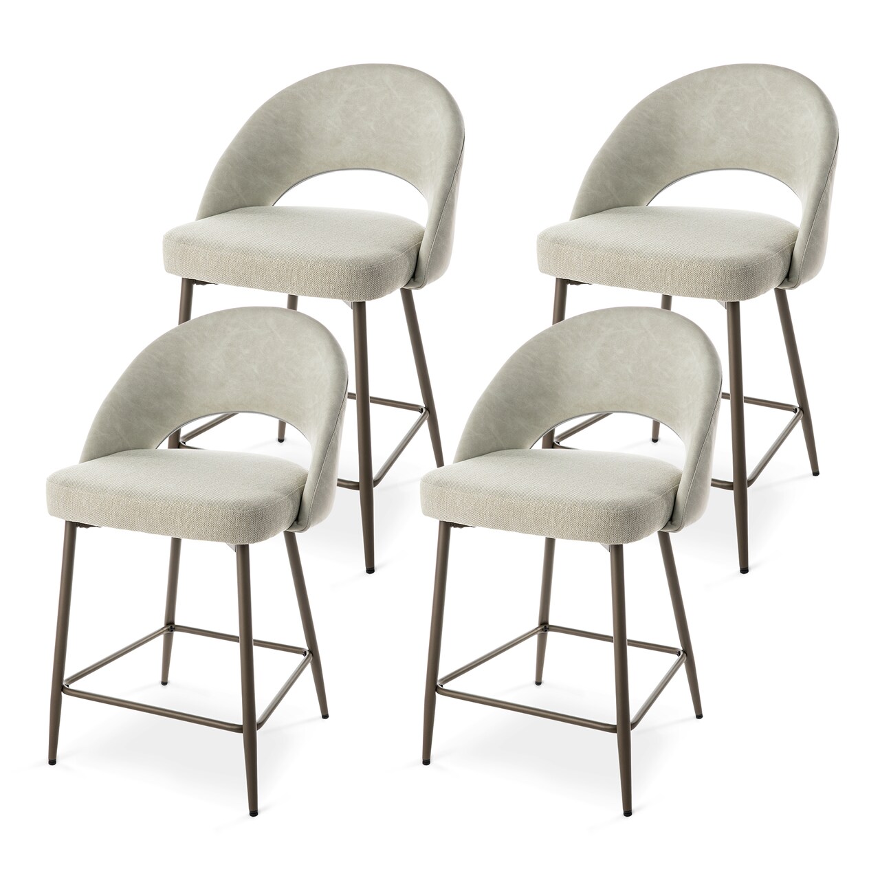 Set of 2/4 Modern Two-Tone Color Counter Stool with Brown Metal Tapered Legs - Grey Fabric & Leatherette